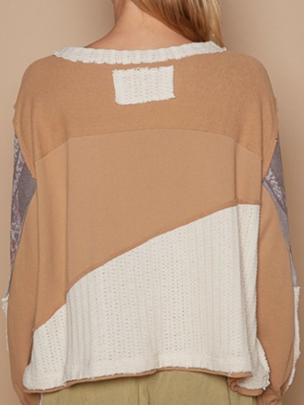 POL Boho Sweatshirt Latte Peace Size L Oversized Patchwork Frayed Edges - Picture 4 of 10